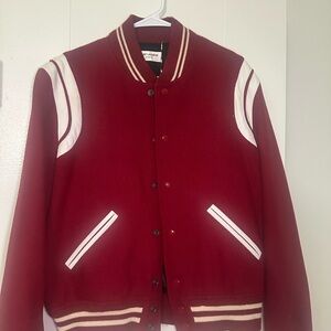 Saint Laurent Teddy Burgundy Varsity Jacket with White Accents